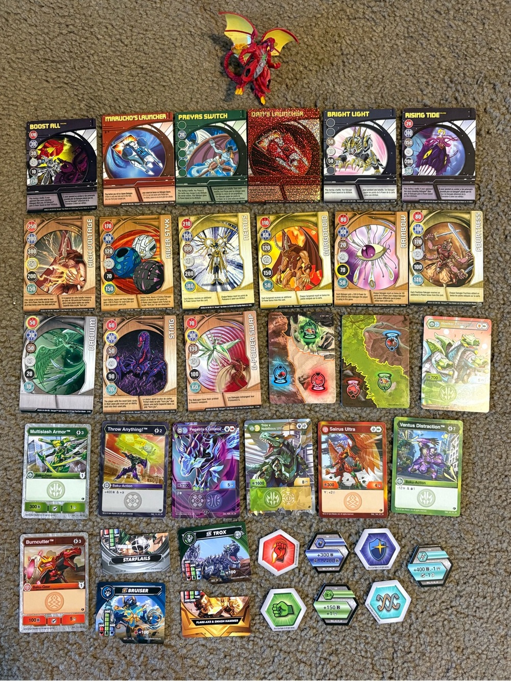Huge Bundle of Assorted Bakugan Cards, Chips, and Figurine